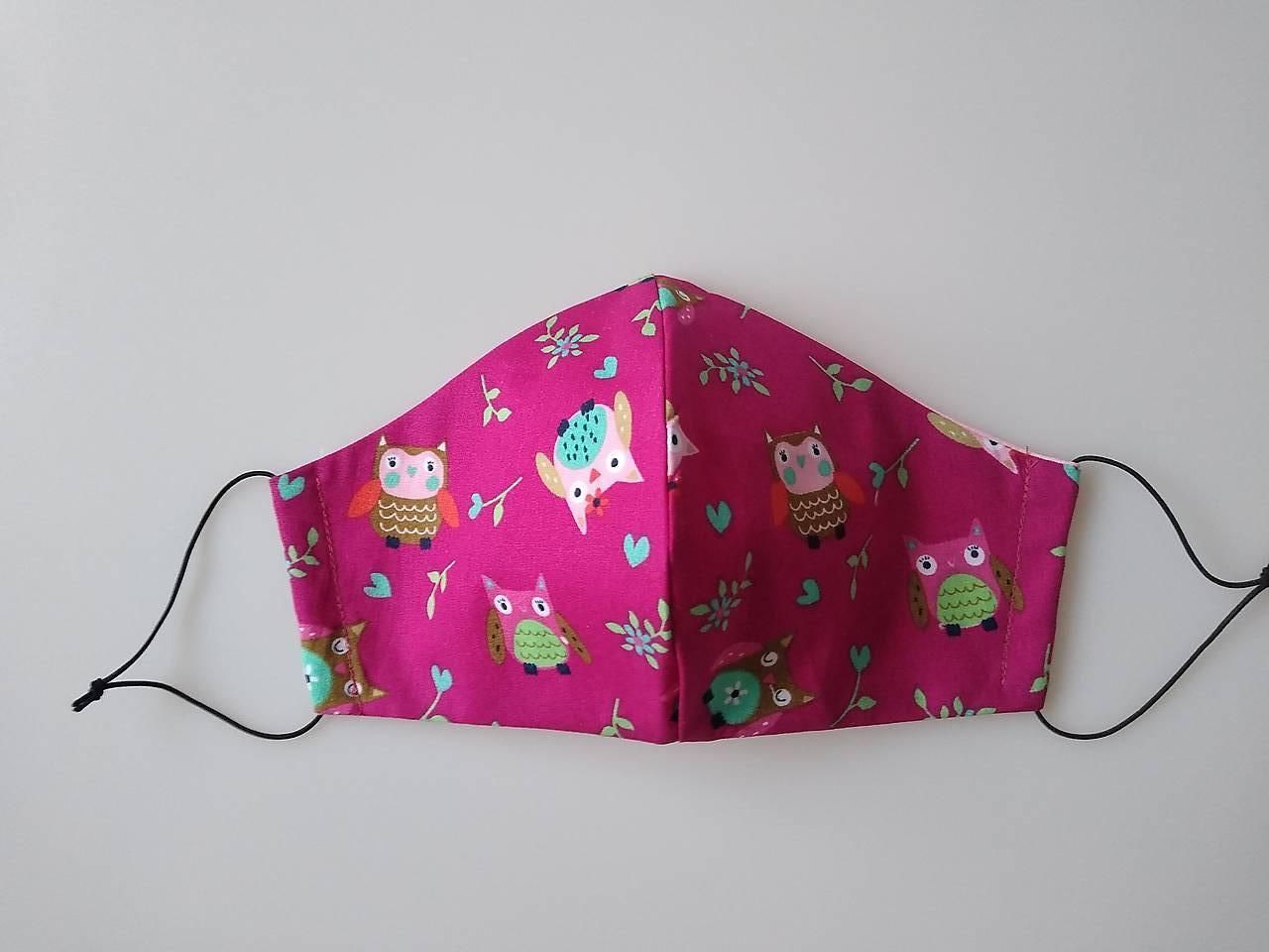 Dizajnové rúško sova ružovo fialové tvarované dvojvrstvové