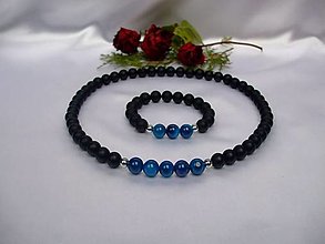 Sady šperkov - Súprava náhrdelník a náramok - ónyx matný, achát modrý (10mm) - 12889203_