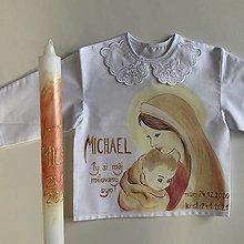 Detské oblečenie - Maľovaná krstná košieľka s bábätkom v náručí Panny Márie (+ svieca v bronzovo zlatej) - 12890768_