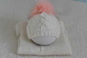 Detské oblečenie - Newborn norkový setík biely - overal, čiapočka, čelenky (Čiapočka s kožušinovým brmbolcom) - 12913508_