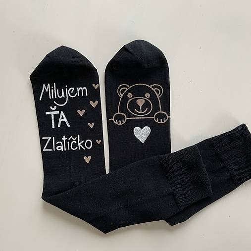 Zamilované maľované ponožky s nápisom: “Milujem Ťa / (Zlatíčko + macko (čierne))