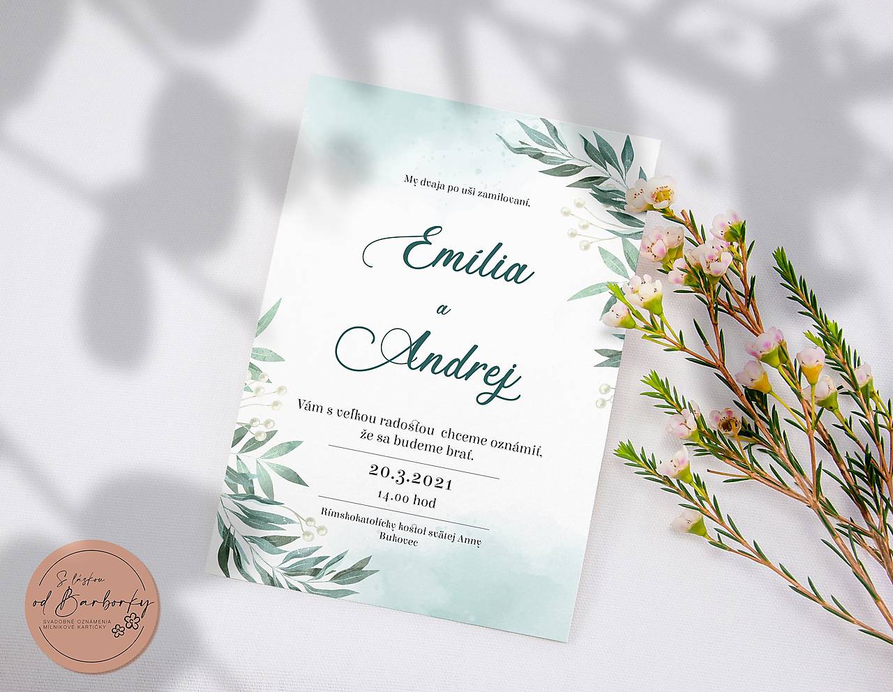 Svadobné oznámenie Greenery B#21 (LEPIACA ETIKETA NA VÝSLUŽKU (vodeodolná))