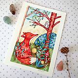 Kresby - Líška a sovka v čarovnom lese - fine art print - 12954183_