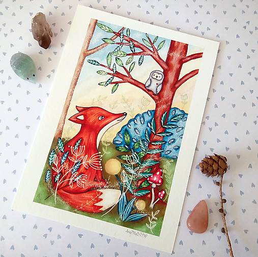 Líška a sovka v čarovnom lese - fine art print