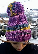 Čiapky, čelenky, klobúky - čiapka pletená ..fialovo žltá-melír - 12954764_