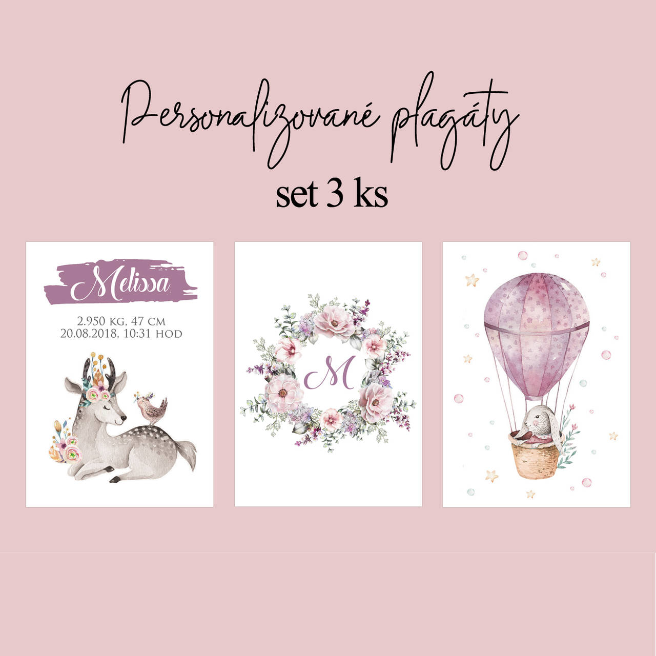 Set 3 kusov plagátov do detskej izby (pre dievčatko - fialová)