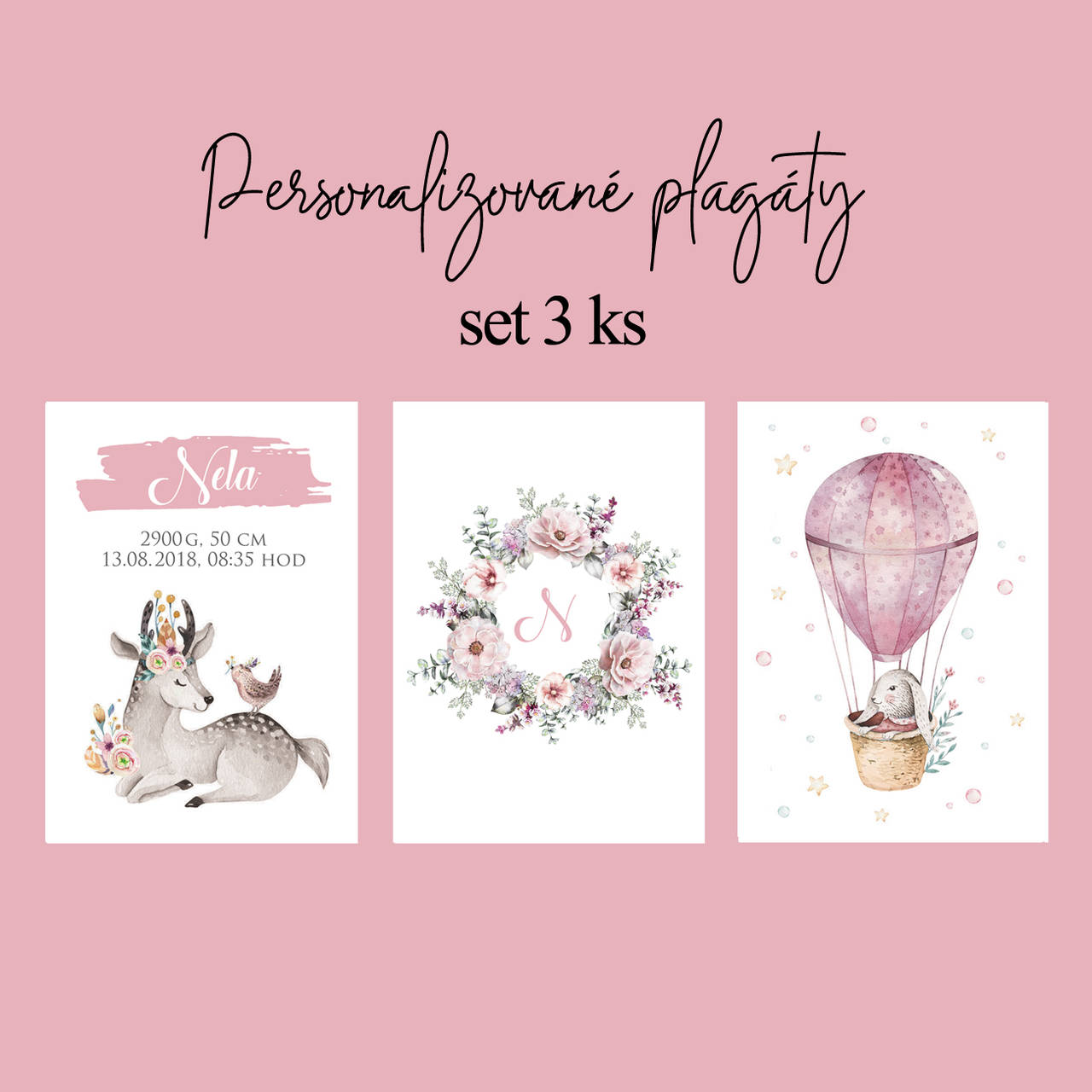 Set 3 kusov plagátov do detskej izby (pre dievčatko - ružová)