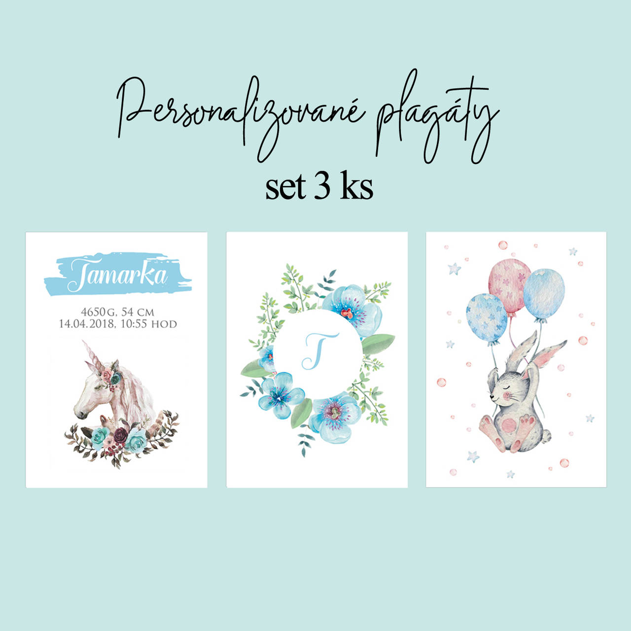 Set 3 kusov plagátov do detskej izby (pre dievčatko - tyrkysová)
