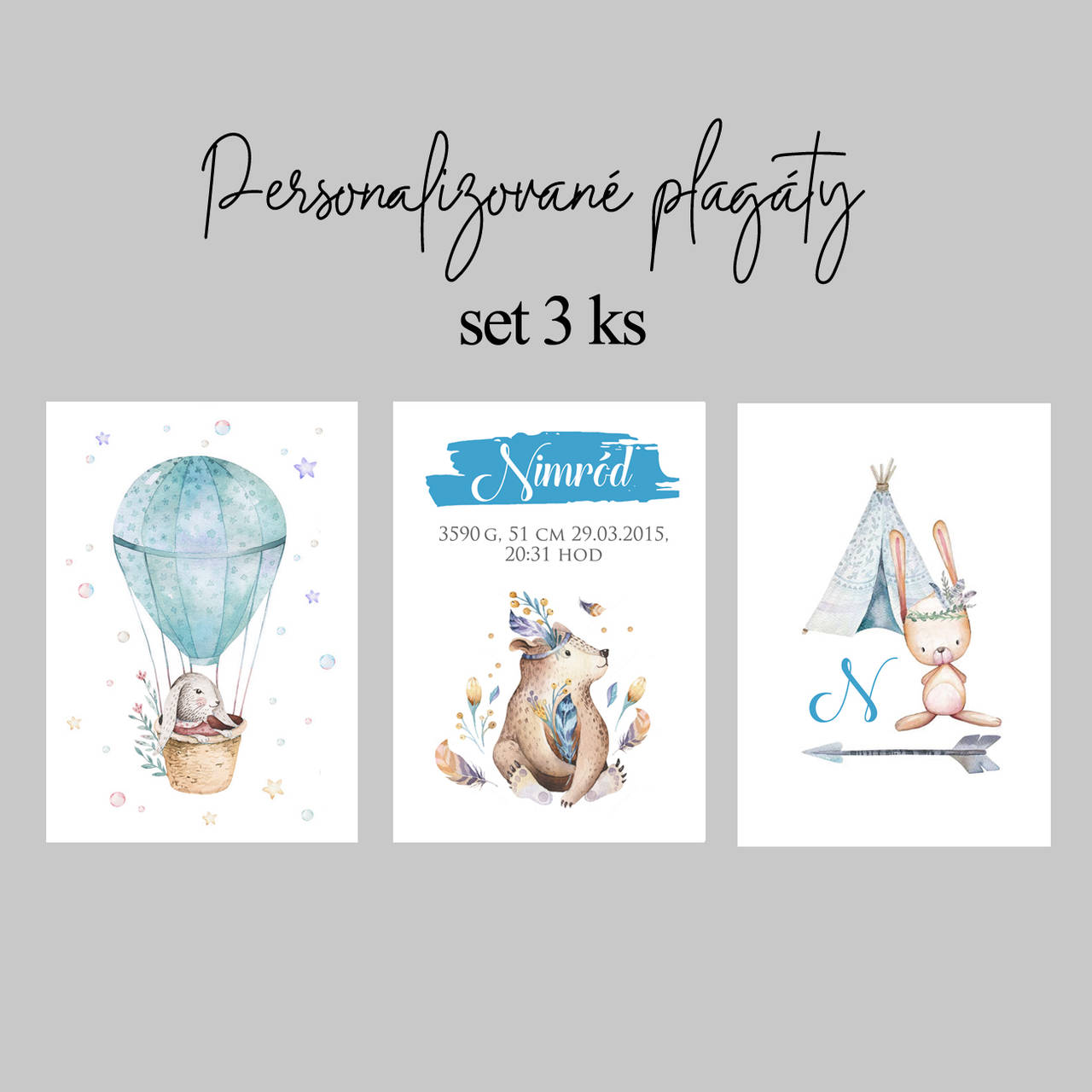 Set 3 kusov plagátov do detskej izby (pre chlapčeka - modrá)