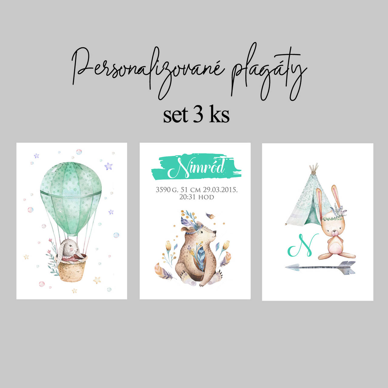 Set 3 kusov plagátov do detskej izby (pre chlapčeka - mentolová)