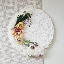 Dekorácie - Ručne tkaný kruhový obraz trikrát inak (Biela so sušenými kvetmi) - 12965535_