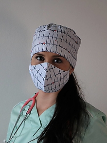 Čiapky, čelenky, klobúky - Dizajnová operačná / chirurgická čiapka EKG biele - 12985851_