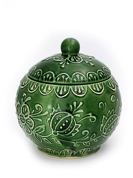 Cukornička keramická zelená, ľudový motív vo farbe