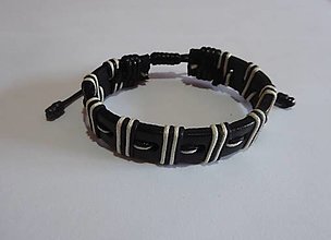 Pánske šperky - čierny kožený náramok s bielou šnúrkou - 13025552_