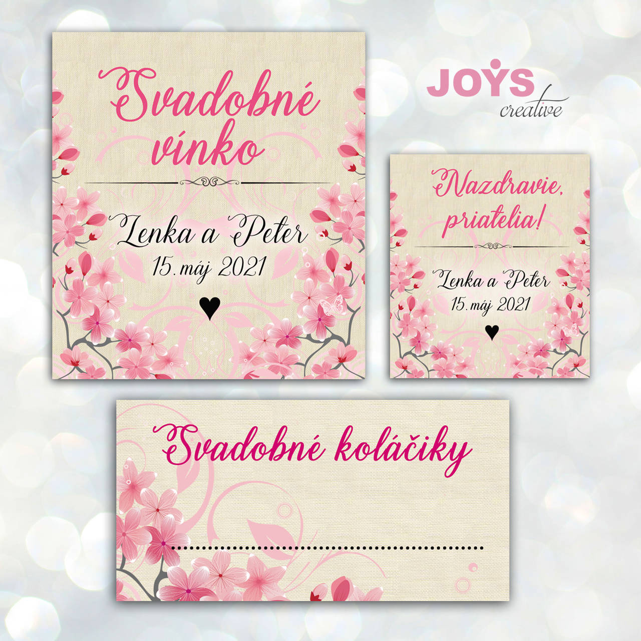 Nálepky na výslužky, nálepky na minifľaštičky, etikety na víno s dizajnom čerešňových kvetov