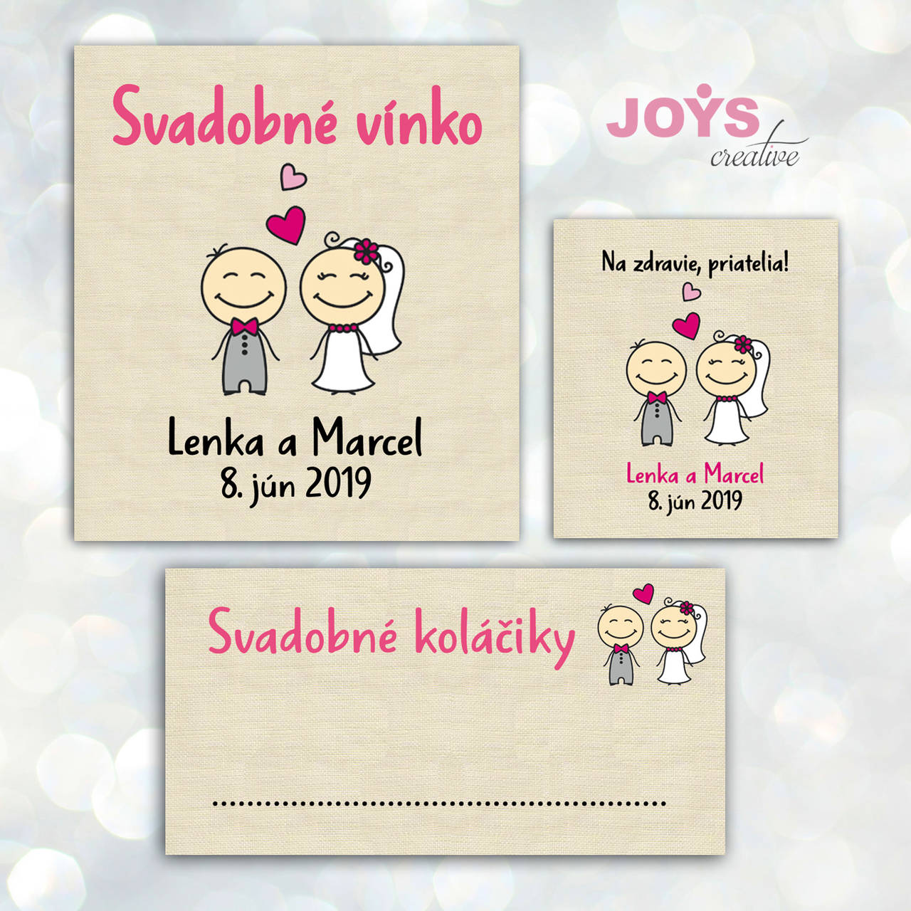 Nálepky na výslužky, nálepky na minifľaštičky, etikety na víno  s dizajnom kreslených svadobných postavičiek