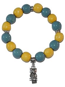Náramky - Keramický náramok z modrých a žltých korálok, prívesok sova - 13029672_