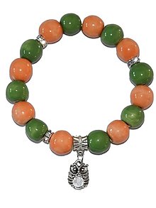Náramky - Keramický náramok zo zelených a oranžových korálok, prívesok sova - 13032408_