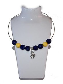 Náhrdelníky - Keramický náhrdelník, obručový, tmavomodré a žlté korálky, prívesok jednorožec - 13041113_