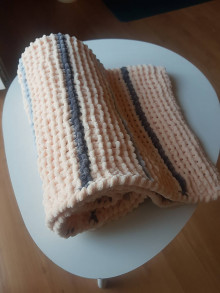 Detský textil - Ručně pletená žinylková deka pro miminko - pruhovaná  (Oranžová) - 13055020_
