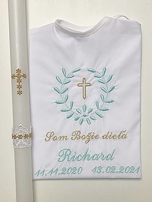 Detské oblečenie - krstová košieľka k10 mentolová a sviečka na krst zlatý krížik - 13061756_