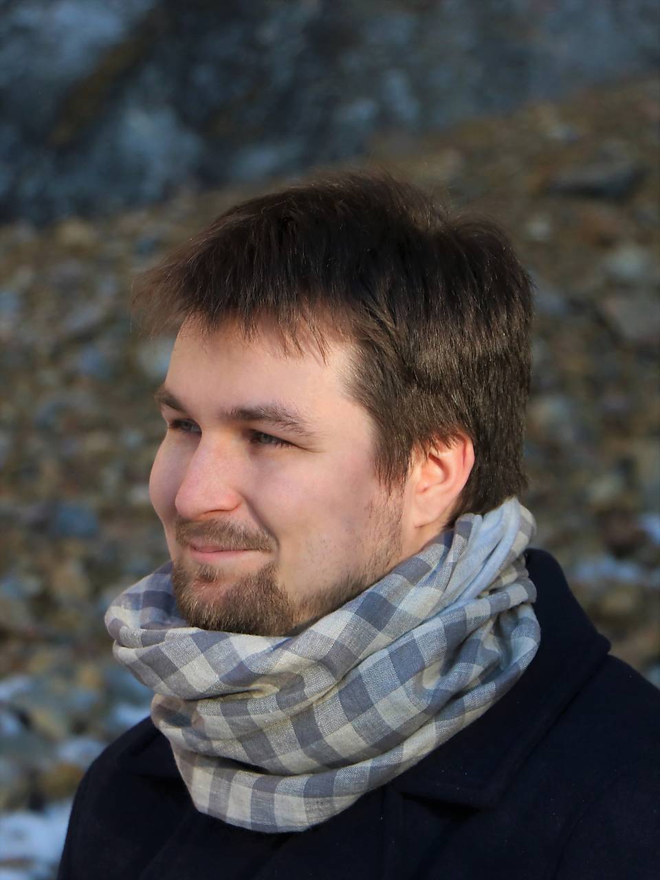 Štýlový ľanový unisex nákrčník káro šedé