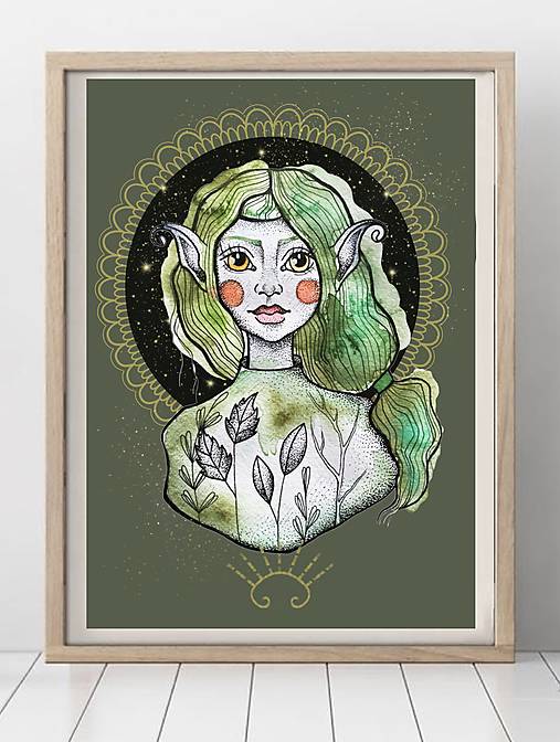 Grafika - Elfí medailón -zelená elfka-Grafika - 13070896_