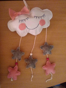 Detské doplnky - Mráčik - závesná dekorácia do detskej izbičky (biely mráčik s ružovými a sivými hviezdičkami) - 13076400_