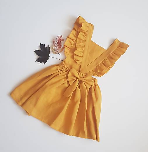 Vtáča - dievčenské ľanové šaty s volánmi a mašľou (mango)