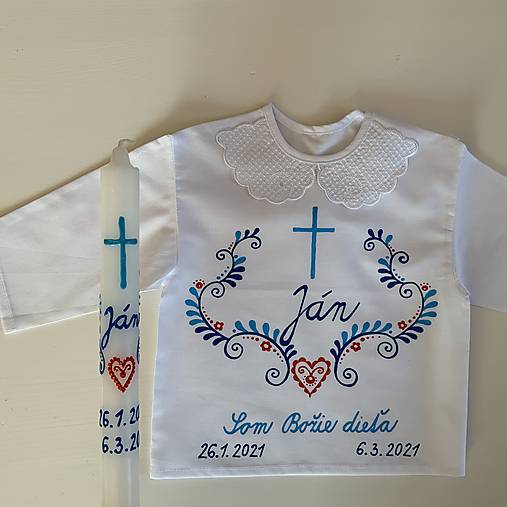 Krstná košieľka a svieca na krst ručne maľovaná modro-červená ľudovoladená s krížom