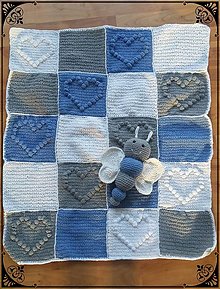 Detský textil - Srdiečková deka modrá-sivá-biela - 13100673_