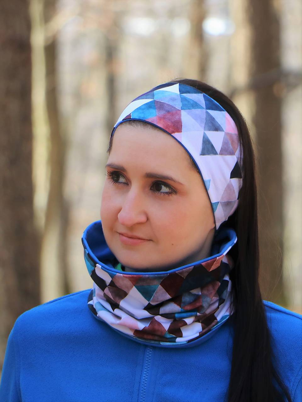 Úpletová unisex čelenka trojuholníky hnedo/modré