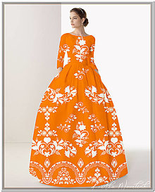 Šaty - FLORAL FOLK " Slovenská ornamentika ", spoločenské dlhé šaty (oranžová + biely vzor) - 13104132_
