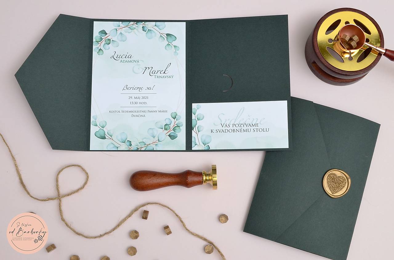 Svadobné oznámenie v kapse Greenery #6 (Svadobné oznámenie + pozvánka k sv.stolu v kapsičke + pečať)