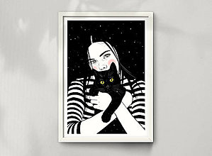 Grafika - Černá kočka - umělecký tisk - 13113997_