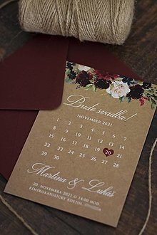 Papiernictvo - Svadobné oznámenie "Kalendár - bordové kvety & hnedá" - 13114425_