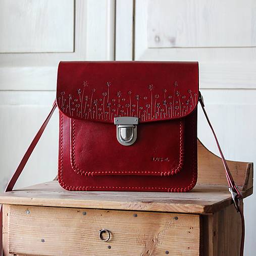 Kabelky - Kožená kabelka Floral satchel *Antique Red* - 13117554_