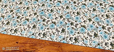 Textil - Bavlnená látka - Kvietky s motýlikmi  cena za 10 cm (Tyrkysová) - 13130242_