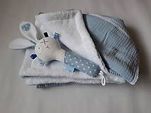 Detský textil - Set pre chlapčeka - fleesová deka, mušelínová plienka, hrkálka - modro biela - 13135324_