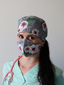 Čiapky, čelenky, klobúky - Dizajnová operačná / chirurgická čiapka ružová záhrada šedá - 13139526_
