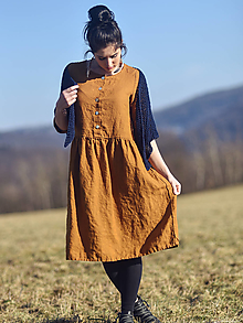 Šaty - Lněné šaty se zapínáním Okrové - 13141593_