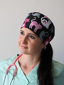 Čiapky, čelenky, klobúky - Dizajnová operačná / chirurgická čiapka mačací flám čierna - 13147965_