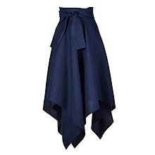 Sukne - LINA - ľanová asymetrická sukňa s výraznou viazačkou (Tmavomodrá) - 13150570_