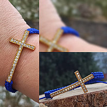 Náramky - Náramok modrá šnúrka a zlatostrieborný kríž - 13156861_