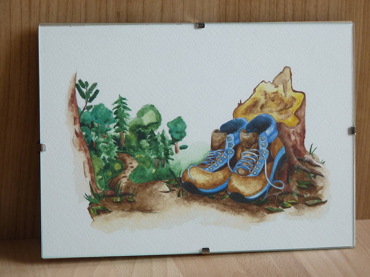 Turistické topánky s lesom, akvarel, art print, nástenná dekorácia do domu