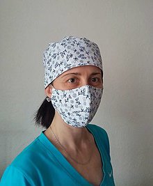 Čiapky, čelenky, klobúky - Dizajnová operačná - chirurgická čiapka modré vzory na bielej - 13199150_