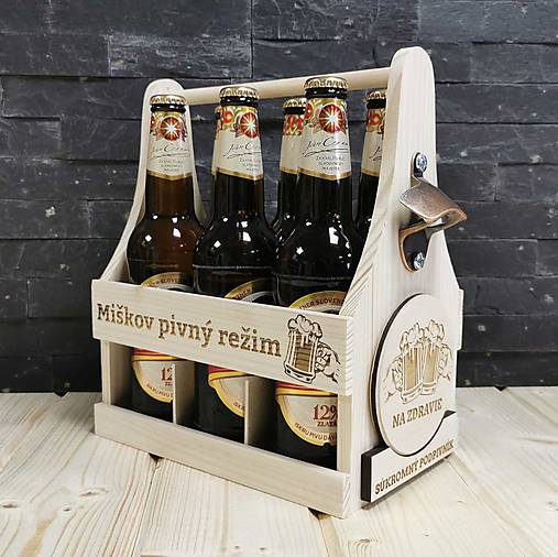  - Drevená prepravka s otvárakom na pivo – 6 pív (S podpivníkom + gravir na obe strany) - 13198932_