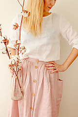 Perlička - ľanová sukňa s veľkými našitými vreckami (prašná ružová)