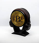 Bitcoin - personalizovaný čierny stojan na slúchadlá so symbolmi bitcoinu a blockchainu