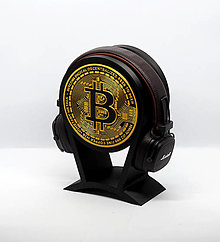 Dekorácie - Bitcoin - personalizovaný čierny stojan na slúchadlá so symbolmi bitcoinu a blockchainu - 13221511_